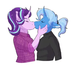 Size: 1881x1696 | Tagged: safe, artist:shimazun, derpibooru import, starlight glimmer, trixie, anthro, unicorn, clothes, duo, eyes closed, female, image, kissing, lesbian, png, shipping, shirt, simple background, startrix, sweater, white background