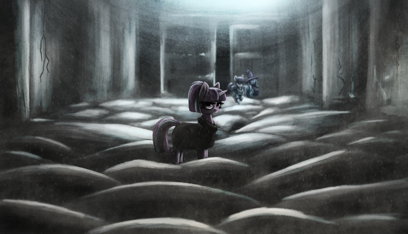 Size: 4000x2300 | Tagged: safe, artist:t72b, derpibooru import, maud pie, starlight glimmer, trixie, ponified, earth pony, pony, unicorn, cape, clothes, depth of field, doorway, dust, female, hat, image, limited palette, looking at you, mare, movie reference, overcoat, png, s5 starlight, scene, scene interpretation, stalker, underground, walking