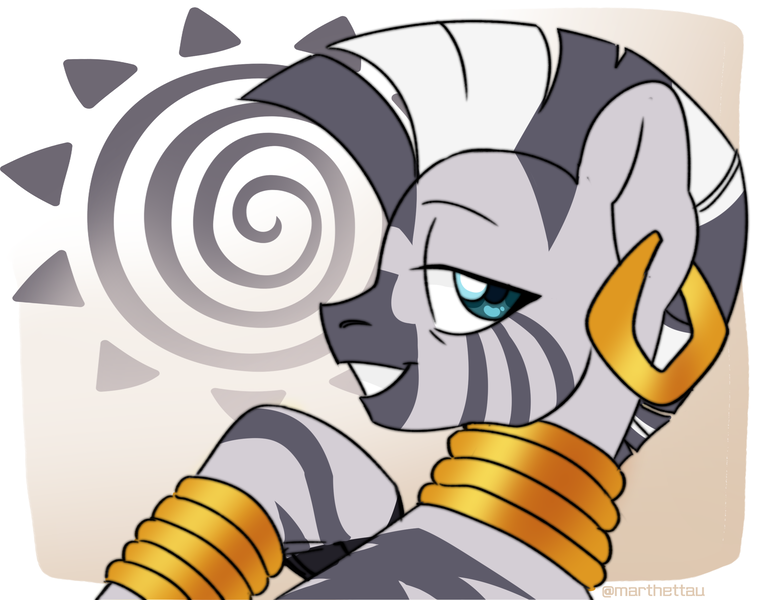 Size: 2515x1984 | Tagged: safe, artist:marthettau, derpibooru import, zecora, zebra, cute, ear piercing, earring, female, grin, image, jewelry, neck rings, piercing, png, raised hoof, smiling, solo, zecorable