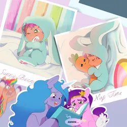 Size: 1200x1200 | Tagged: safe, artist:aztrial, derpibooru import, izzy moonbow, pipp petals, sunny starscout, earth pony, pegasus, pony, unicorn, album, angry, animal costume, awww, baby photos, book, bunny costume, carrot, carrot plushie, clothes, costume, cute, daaaaaaaaaaaw, female, filly, foal, food, funny background event, g5, headband, image, jewelry, jpeg, open mouth, open smile, photo album, plushie, rage, regalia, sleeping, smiling, sunny bunny, sunny starscout is not amused, sunnybetes, unamused, younger