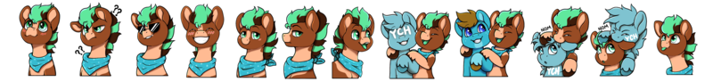 Size: 4733x546 | Tagged: safe, artist:sursiq, derpibooru import, oc, oc:carbon, oc:sagebrush, earth pony, pegasus, accessories, bandana, earth pony oc, emotes, happy, hug, image, male, nom, outline, pegasus oc, png, simple background, smiling, sparkles, sunglasses, telegram sticker, transparent background, white outline, wings