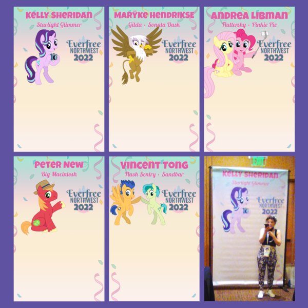 Size: 900x900 | Tagged: safe, artist:tim-kangaroo, derpibooru import, big macintosh, flash sentry, fluttershy, gilda, pinkie pie, sandbar, starlight glimmer, human, convention, everfree northwest, image, irl, photo, photo stands, png, voice actor, voice actors