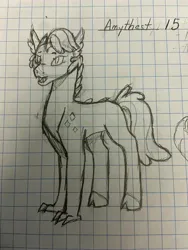 Size: 3024x4032 | Tagged: safe, artist:nightlight2005, derpibooru import, oc, oc:amethyst, unofficial characters only, dracony, hybrid, female, graph paper, image, interspecies offspring, jpeg, monochrome, offspring, parent:rarity, parent:spike, parents:sparity, pencil drawing, solo, traditional art