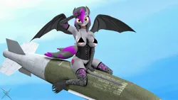 Size: 3840x2160 | Tagged: suggestive, artist:nightmarezoroark, derpibooru import, oc, oc:lucid rose, unofficial characters only, anthro, bat pony, wolf, wolf pony, 4k, anthro oc, bat pony oc, bat wings, bomb, clothes, female, high res, image, jpeg, lingerie, missile, pinu, solo, solo female, weapon, wings