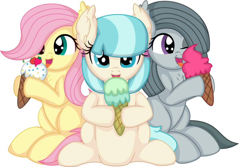 Size: 7799x5450 | Tagged: safe, artist:cyanlightning, derpibooru import, coco pommel, fluttershy, marble pie, pony, .svg available, absurd resolution, cocobetes, cute, ear fluff, eating, eyes closed, female, foal, food, ice cream, image, marblebetes, png, shyabetes, simple background, smiling, tongue out, transparent background, trio, vector, younger
