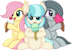 Size: 7799x5450 | Tagged: safe, artist:cyanlightning, derpibooru import, coco pommel, fluttershy, marble pie, pony, .svg available, absurd resolution, cocobetes, cute, ear fluff, eating, eyes closed, female, foal, food, ice cream, image, marblebetes, png, shyabetes, simple background, smiling, tongue out, transparent background, trio, vector, younger