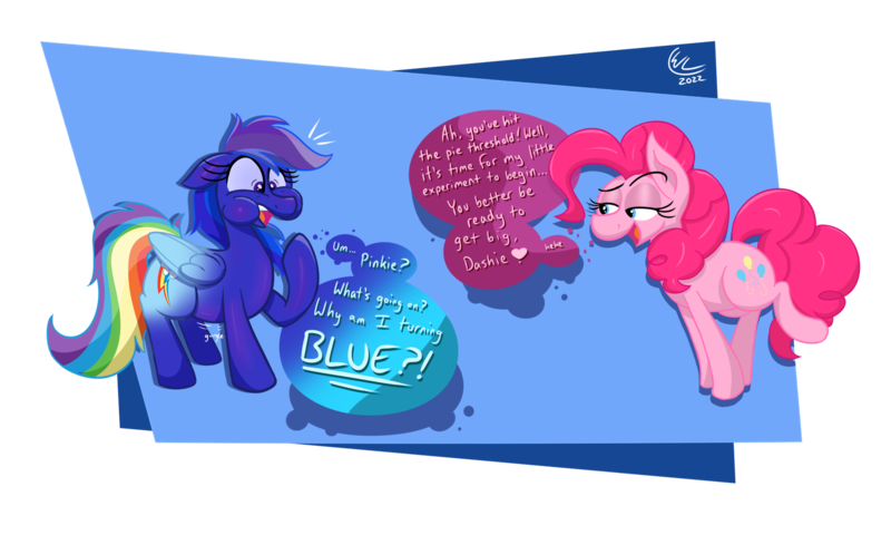 Size: 2000x1200 | Tagged: questionable, artist:lukewarmluke, derpibooru import, part of a set, pinkie pie, rainbow dash, earth pony, pegasus, pony, series:a dash of blue (lukewarmluke), blueberry, blueberry inflation, charlie and the chocolate factory, chewing, chewing gum, digital art, eating, expansion, folded wings, food, gum, image, inflation, png, simple background, speech bubble, transparent background, wings