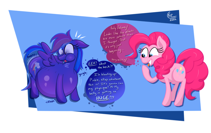 Size: 3000x1900 | Tagged: questionable, artist:lukewarmluke, derpibooru import, part of a set, pinkie pie, rainbow dash, earth pony, pegasus, pony, series:a dash of blue (lukewarmluke), belly, belly inflation, big belly, bloated, blueberry, blueberry inflation, body inflation, butt, butt expansion, charlie and the chocolate factory, chewing, chewing gum, digital art, eating, expansion, food, growth, gum, huge belly, huge butt, image, impossibly large belly, inflation, large belly, large butt, onomatopoeia, png, simple background, speech bubble, spread wings, transparent background, wings