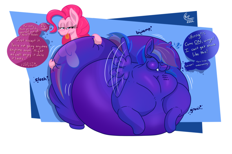 Size: 3000x2000 | Tagged: questionable, artist:lukewarmluke, derpibooru import, part of a set, pinkie pie, rainbow dash, earth pony, pegasus, pony, series:a dash of blue (lukewarmluke), belly, belly inflation, big belly, bloated, blueberry, blueberry inflation, body inflation, butt, butt expansion, charlie and the chocolate factory, chewing, chewing gum, digital art, eating, expansion, fat, flapping wings, food, growth, gum, huge belly, huge butt, image, immobile, impossibly large belly, impossibly large butt, impossibly large everything, inflation, large belly, large butt, morbidly obese, obese, onomatopoeia, png, rainblob dash, rainbutt dash, simple background, speech bubble, transparent background, wings