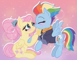 Size: 1012x790 | Tagged: safe, artist:pennylollyling, derpibooru import, fluttershy, rainbow dash, pegasus, pony, the last problem, blushing, cute, dashabetes, eye wrinkles, eyes closed, female, flutterdash, image, jpeg, kissing, lesbian, mare, older, older fluttershy, older rainbow dash, shipping, shyabetes, smiling