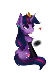 Size: 2448x3264 | Tagged: safe, artist:zpdea, derpibooru import, twilight sparkle, twilight sparkle (alicorn), alicorn, pony, chest fluff, clothes, collar, crown, ear piercing, image, jewelry, jpeg, lidded eyes, piercing, regalia, simple background, socks, solo, spoken heart, tongue out, white background