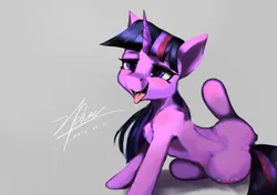 Size: 3867x2721 | Tagged: suggestive, artist:zpdea, derpibooru import, twilight sparkle, pony, unicorn, bedroom eyes, drool, gray background, image, open mouth, png, simple background, solo, tongue out, unicorn twilight