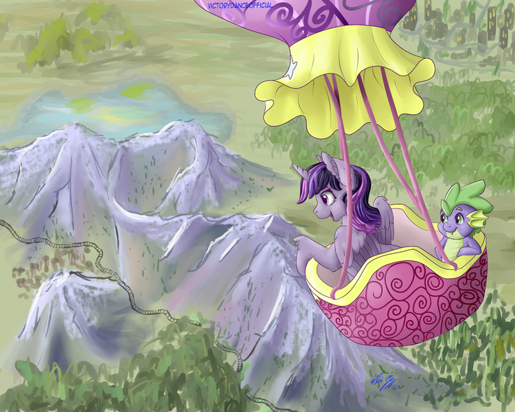 Size: 1250x1000 | Tagged: safe, artist:victorydanceofficial, derpibooru import, spike, twilight sparkle, twilight sparkle (alicorn), alicorn, dragon, pony, duo, hot air balloon, image, mountain, open mouth, open smile, png, smiling, twinkling balloon