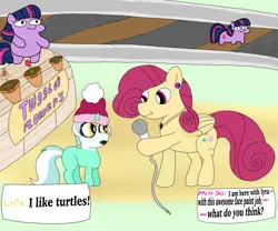 Size: 6048x5036 | Tagged: safe, derpibooru import, lyra heartstrings, posey shy, twilight sparkle, pegasus, unicorn, age difference, face paint, flower, flower pot, image, meme, microphone, png, speech bubble, train station, twiggie