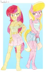 Size: 1250x1920 | Tagged: safe, artist:roseluck, derpibooru import, lily, lily valley, roseluck, anthro, earth pony, pony, unguligrade anthro, abs, abstract background, bag, bare shoulders, belly button, bracelet, breasts, busty roseluck, butt touch, cleavage, clothes, colored pencil drawing, denim, denim shorts, duo, duo female, ear piercing, earring, female, full body, gradient background, hand on butt, handbag, holding, image, jewelry, lidded eyes, long hair, looking at each other, looking at someone, mare, midriff, miniskirt, open mouth, open smile, piercing, png, shorts, skirt, sleeveless, smiling, smiling at each other, standing, strapless, tail, tanktop, traditional art, tube top, wall of tags