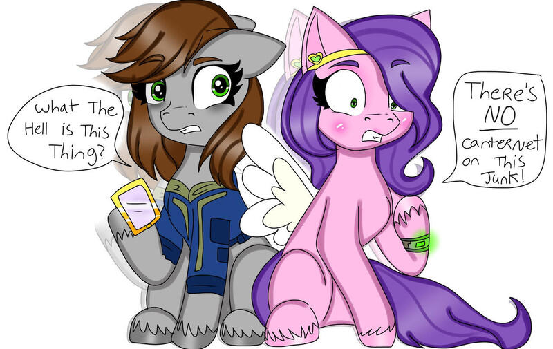 Size: 1280x808 | Tagged: safe, artist:poniloni, derpibooru import, pipp petals, oc, oc:littlepip, pegasus, pony, unicorn, fallout equestria, clothes, duo, duo female, female, g5, image, jpeg, jumpsuit, mobile phone, phone, pipbuck, smartphone, vault suit