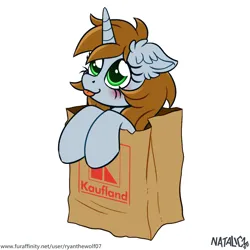 Size: 1024x1025 | Tagged: safe, artist:ryanthewolf07, derpibooru import, oc, oc:littlepip, pony, unicorn, fallout equestria, :p, bag, ear fluff, image, kaufland, looking up, png, shopping bag, simple background, tongue out, white background