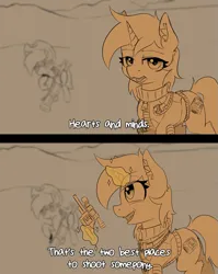 Size: 1111x1393 | Tagged: safe, artist:zebra, oc, oc:calamity, oc:littlepip, ponified, unofficial characters only, pegasus, pony, unicorn, fallout equestria, clothes, female, goggles, gun, handgun, hat, image, levitation, magic, male, mare, meme, missile launcher, open mouth, png, ponified meme, pun, revolver, screwdriver, stallion, telekinesis, vault suit, weapon