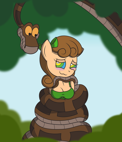 Size: 3000x3500 | Tagged: safe, artist:lunahazacookie, derpibooru import, oc, anthro, earth pony, snake, bust, coils, duo, earth pony oc, female, forest, hypno eyes, image, kaa, kaa eyes, male, png, smiling, tree