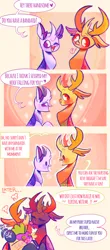 Size: 1030x2351 | Tagged: safe, artist:sockiepuppetry, derpibooru import, pharynx, spike, thorax, oc, oc:calor, changedling, changeling, dragon, blushing, canon x oc, comic, eyes closed, flirting, gay, heart, image, king thorax, male, oblivious, one eye closed, open mouth, png, prince pharynx, wink