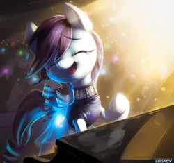 Size: 1168x1100 | Tagged: safe, artist:xennos, derpibooru import, coloratura, earth pony, pony, season 5, the mane attraction, clothes, crowd, crying, cutie mark, eyes closed, female, glowing cutie mark, image, jpeg, mare, musical instrument, open mouth, piano, raised hoof, rara, scene interpretation, singing, smiling, solo, tears of joy, the magic inside
