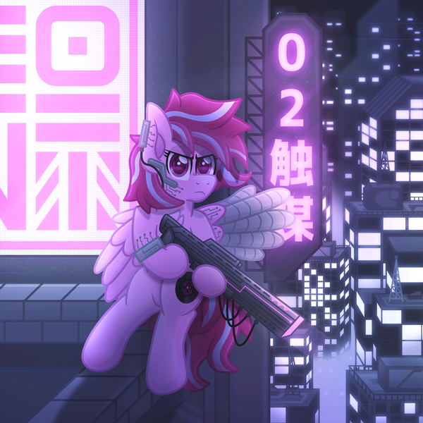 Size: 3000x3000 | Tagged: safe, artist:sol-r, derpibooru import, oc, oc:jazzy, unofficial characters only, pegasus, pony, augmented, cyberpunk, gun, high res, image, neon, neon sign, png, rifle, roof, weapon