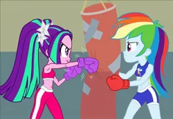 Size: 622x430 | Tagged: safe, artist:sapphiregamgee, derpibooru import, aria blaze, rainbow dash, equestria girls, boxing gloves, cropped, duo, duo female, female, image, jpeg, punching bag, workout outfit