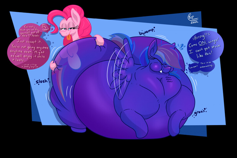 Size: 1280x853 | Tagged: questionable, artist:lukewarmluke, derpibooru import, part of a set, pinkie pie, rainbow dash, earth pony, pegasus, pony, series:a dash of blue (lukewarmluke), belly, belly inflation, big belly, bloated, blueberry, blueberry inflation, body inflation, butt, butt expansion, charlie and the chocolate factory, chewing, chewing gum, digital art, eating, expansion, fat, flapping wings, food, growth, gum, huge belly, huge butt, image, immobile, impossibly large belly, impossibly large butt, impossibly large everything, inflation, jpeg, large belly, large butt, morbidly obese, obese, onomatopoeia, rainblob dash, rainbutt dash, simple background, speech bubble, transparent background, wings