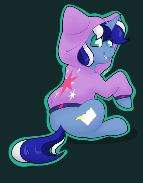 Size: 1170x1494 | Tagged: safe, artist:cadetredshirt, derpibooru import, oc, pony, unicorn, alicorn costume, clothes, commission, costume, cutie mark, cutie mark on clothes, digital art, fake horn, fake wings, hood, hoodie, image, jpeg, looking at you, looking back, looking back at you, multicolored hair, multicolored mane, multicolored tail, over shoulder, raised hoof, shading, simple background, sitting, smiling, smiling at you, solo, tail, twilight sparkle costume, ych result