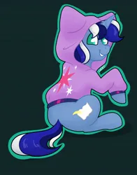 Size: 1170x1494 | Tagged: safe, artist:cadetredshirt, derpibooru import, oc, pony, unicorn, alicorn costume, clothes, commission, costume, cutie mark, cutie mark on clothes, digital art, fake horn, fake wings, hood, hoodie, image, jpeg, looking at you, looking back, looking back at you, multicolored hair, multicolored mane, multicolored tail, over shoulder, raised hoof, shading, simple background, sitting, smiling, smiling at you, solo, tail, twilight sparkle costume, ych result