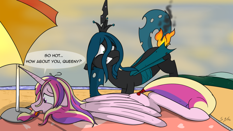 Size: 1920x1080 | Tagged: safe, artist:soccy, derpibooru import, princess cadance, queen chrysalis, changeling, changeling queen, pony, beach, blanket, bow, female, fire, heat, image, looking at something, looking down, lying down, ocean, png, sand, shocked, spread wings, summer, sweat, tail, tail bow, tongue out, umbrella, water, wings