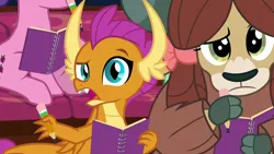 Size: 1278x719 | Tagged: safe, derpibooru import, screencap, berry blend, berry bliss, smolder, yona, dragon, yak, the end in friend, bow, cloven hooves, dragoness, female, friendship student, hair bow, image, looking at you, monkey swings, notebook, open mouth, pencil, png, raised eyebrow
