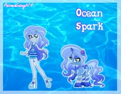 Size: 3224x2504 | Tagged: safe, artist:prismagalaxy514, artist:selenaede, derpibooru import, oc, oc:ocean spark, unofficial characters only, human, pony, unicorn, equestria girls, accessories, clothes, dress, hairclip, high heels, image, jewelry, png, reference sheet, shoes, shorts, solo, tail, wavy hair, wavy mane, wavy tail