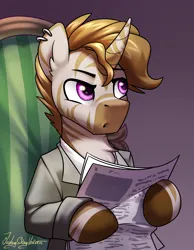 Size: 2000x2580 | Tagged: safe, artist:jedayskayvoker, derpibooru import, oc, oc:classy straps, hybrid, pony, unicorn, zony, bust, clothes, commission, ear piercing, eyebrows, gradient background, icon, image, male, newspaper, piercing, png, portrait, solo, stallion, tom and jerry, zony oc