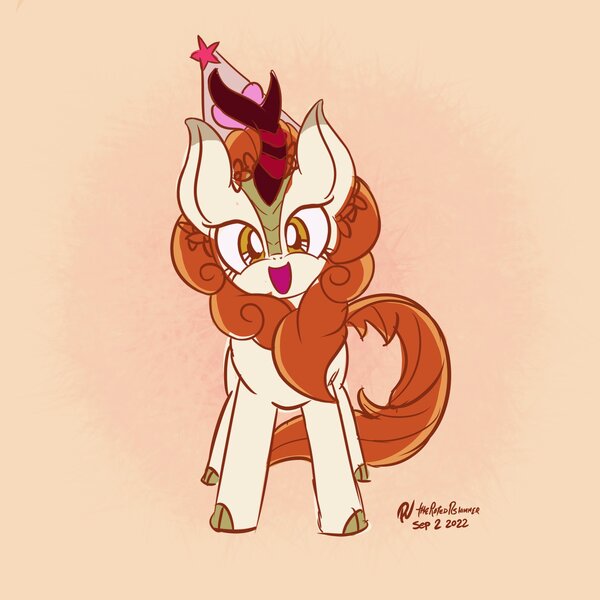 Size: 2250x2250 | Tagged: safe, artist:theratedrshimmer, derpibooru import, autumn blaze, kirin, awwtumn blaze, cute, excited, hat, head tilt, image, jpeg, kirinbetes, looking at you, party hat, smiling, smiling at you, solo
