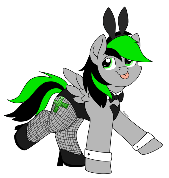 Size: 1182x1248 | Tagged: safe, artist:eowyn, derpibooru import, oc, oc:nighty, unofficial characters only, pegasus, :p, bowtie, bunny ears, bunny suit, clothes, crossdressing, fishnets, image, male, pegasus oc, png, shoes, simple background, solo, spread wings, tongue out, transparent background, wings