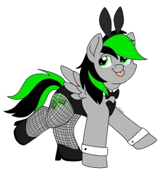 Size: 1182x1248 | Tagged: safe, artist:eowyn, derpibooru import, oc, oc:nighty, unofficial characters only, pegasus, :p, bowtie, bunny ears, bunny suit, clothes, crossdressing, fishnets, image, male, pegasus oc, png, shoes, simple background, solo, spread wings, tongue out, transparent background, wings