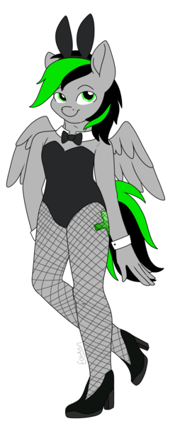 Size: 843x2048 | Tagged: safe, artist:eowyn, derpibooru import, oc, oc:nighty, unofficial characters only, anthro, pegasus, bowtie, bunny ears, bunny suit, clothes, crossdressing, fishnets, image, male, pegasus oc, png, shoes, simple background, solo, spread wings, transparent background, wings