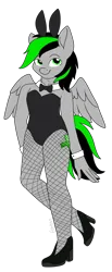 Size: 843x2048 | Tagged: safe, artist:eowyn, derpibooru import, oc, oc:nighty, unofficial characters only, anthro, pegasus, bowtie, bunny ears, bunny suit, clothes, crossdressing, fishnets, image, male, pegasus oc, png, shoes, simple background, solo, spread wings, transparent background, wings