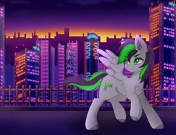 Size: 4096x3128 | Tagged: safe, artist:bizarrepony, derpibooru import, oc, oc:nighty, unofficial characters only, pegasus, city, cityscape, crossover, dawn, detailed background, fence, image, male, pegasus oc, png, skyscraper, solo, sonic mania, spread wings, studiopolis, wings
