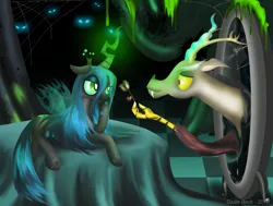 Size: 2032x1534 | Tagged: safe, artist:giuliabeck, derpibooru import, discord, queen chrysalis, changeling, changeling queen, draconequus, changeling hive, discolis, female, glow, glowing horn, horn, image, male, png, portal, shipping, straight