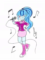 Size: 768x1024 | Tagged: safe, artist:tiga mega, derpibooru import, sonata dusk, equestria girls, bracelet, breasts, busty sonata dusk, clothes, female, gem, grin, hand on hip, image, jewelry, jpeg, looking at you, microphone, music notes, necklace, one eye closed, simple background, siren gem, smiling, smiling at you, solo, spiked wristband, white background, wink, winking at you, wristband