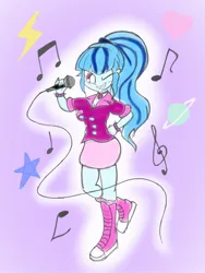 Size: 768x1024 | Tagged: safe, artist:tiga mega, derpibooru import, sonata dusk, equestria girls, bracelet, breasts, busty sonata dusk, clothes, female, gem, grin, hand on hip, heart, image, jewelry, jpeg, looking at you, microphone, music notes, necklace, one eye closed, purple background, simple background, siren gem, smiling, smiling at you, solo, spiked wristband, stars, wink, winking at you, wristband