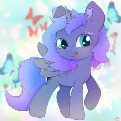 Size: 2000x2000 | Tagged: safe, artist:zokkili, derpibooru import, princess luna, alicorn, butterfly, insect, pony, abstract background, colored eyelashes, cute, ear fluff, ethereal mane, female, filly, foal, horn, image, jpeg, looking at you, lunabetes, open mouth, open smile, raised hoof, smiling, smiling at you, solo, spread wings, wings, woona, younger
