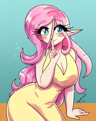 Size: 1800x2263 | Tagged: safe, artist:ashes-arts, artist:mylittleyuri, derpibooru import, fluttershy, human, alternate hairstyle, blushing, breasts, busty fluttershy, clothes, cute, dress, elf ears, female, humanized, image, jpeg, shyabetes, solo