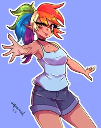 Size: 1800x2281 | Tagged: safe, artist:ashes-arts, artist:mylittleyuri, derpibooru import, rainbow dash, human, :p, alternate hairstyle, armpits, blue background, blushing, choker, clothes, cute, dashabetes, elf ears, female, humanized, image, jpeg, one eye closed, shorts, simple background, solo, tanktop, tongue out, wink