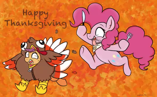 Size: 640x399 | Tagged: safe, artist:therainbowtroll, derpibooru import, pinkie pie, scootaloo, earth pony, pegasus, pony, bib, fork, funny, holiday, hoof hold, image, implied ponies eating meat, knife, meat, png, running, scootachicken, silly, thanksgiving, turkey costume, zipper