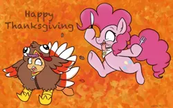 Size: 640x399 | Tagged: safe, artist:therainbowtroll, derpibooru import, pinkie pie, scootaloo, earth pony, pegasus, pony, bib, fork, funny, holiday, hoof hold, image, implied ponies eating meat, knife, meat, png, running, scootachicken, silly, thanksgiving, turkey costume, zipper