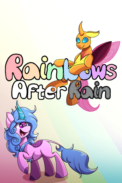 Size: 2000x3000 | Tagged: safe, artist:littletigressda, derpibooru import, izzy moonbow, sunny starscout, changedling, changeling, kirin, fanfic, fanfic:rainbows after rain, changedlingified, changelingified, fanfic art, fanfic cover, g5, image, kirinified, obscured text, png, species swap, text