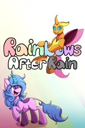 Size: 2000x3000 | Tagged: safe, artist:littletigressda, derpibooru import, izzy moonbow, sunny starscout, changedling, changeling, kirin, fanfic, fanfic:rainbows after rain, changedlingified, changelingified, fanfic art, fanfic cover, g5, image, kirinified, obscured text, png, species swap, text